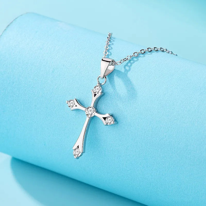Sterling Silver Cross Zircon Pendant Necklace for Women | Elegant Cable Chain Jewelry Gift
