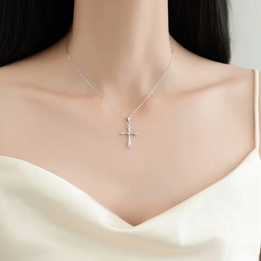 Sterling Silver Cross Zircon Pendant Necklace for Women | Elegant Cable Chain Jewelry Gift