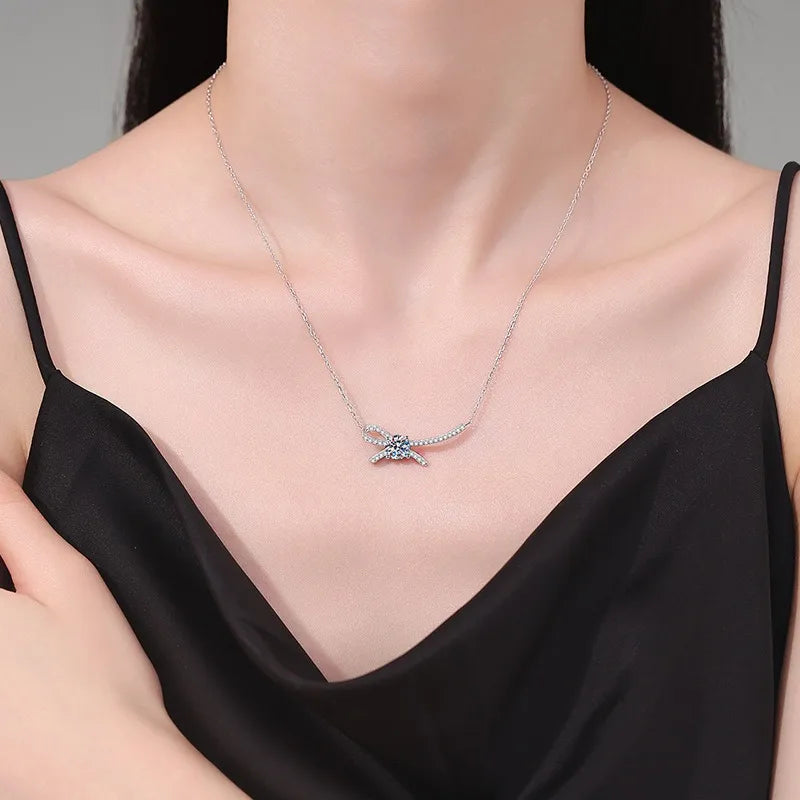 Moissanite Zircon 925 Sterling Silver Bow Knot Necklace for Women | Elegant Certified Pendant Jewelry Gift
