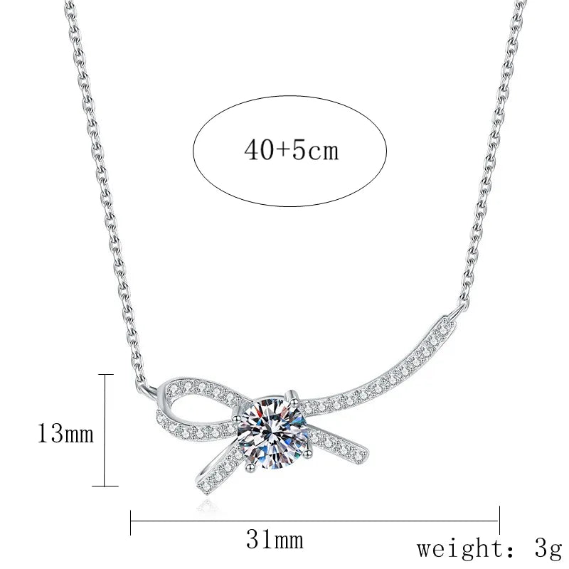Moissanite Zircon 925 Sterling Silver Bow Knot Necklace for Women | Elegant Certified Pendant Jewelry Gift